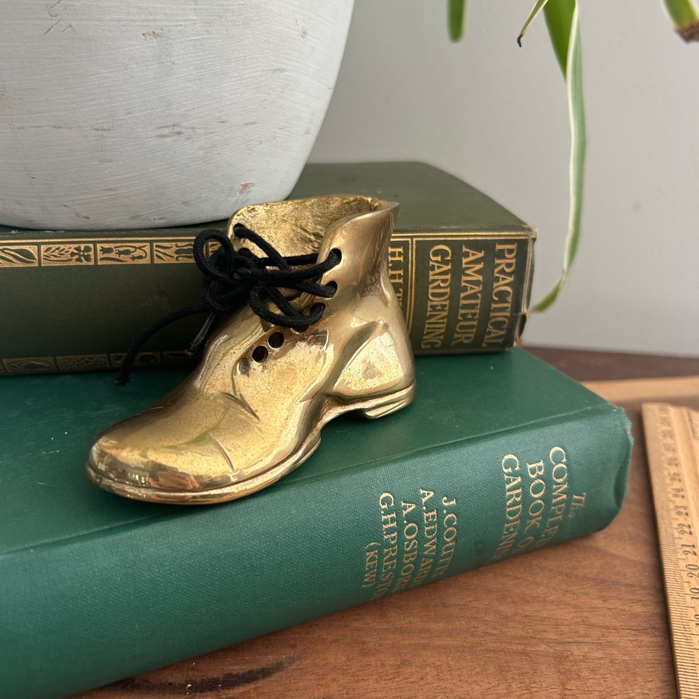 Brass Baby Shoe with Black Laces Paperweight Birth Gift